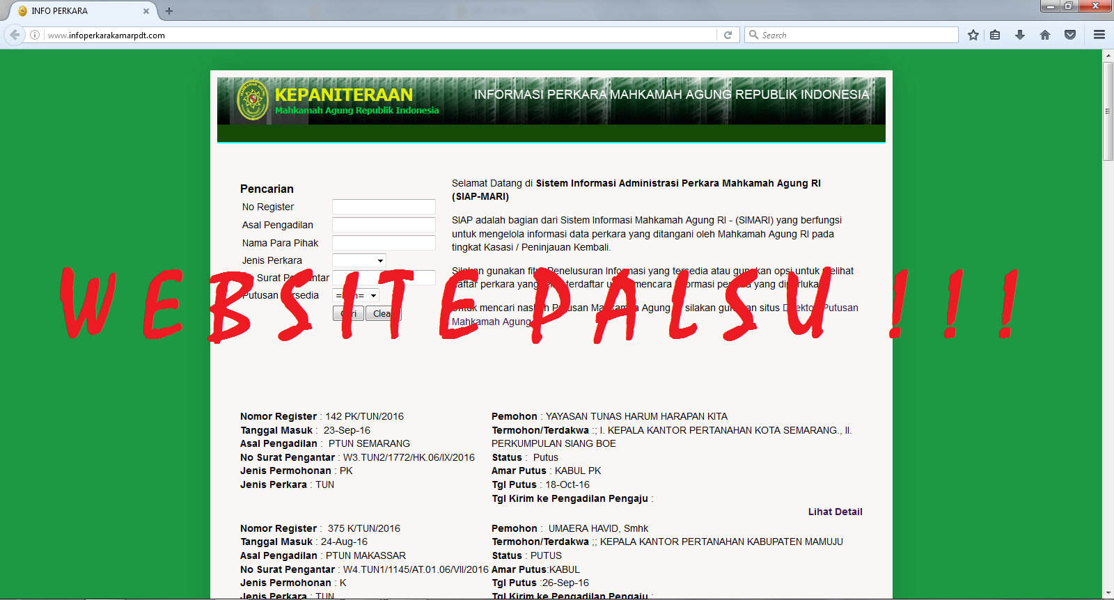 WASPADA TERHADAP WEBSITE INFO PERKARA PALSU